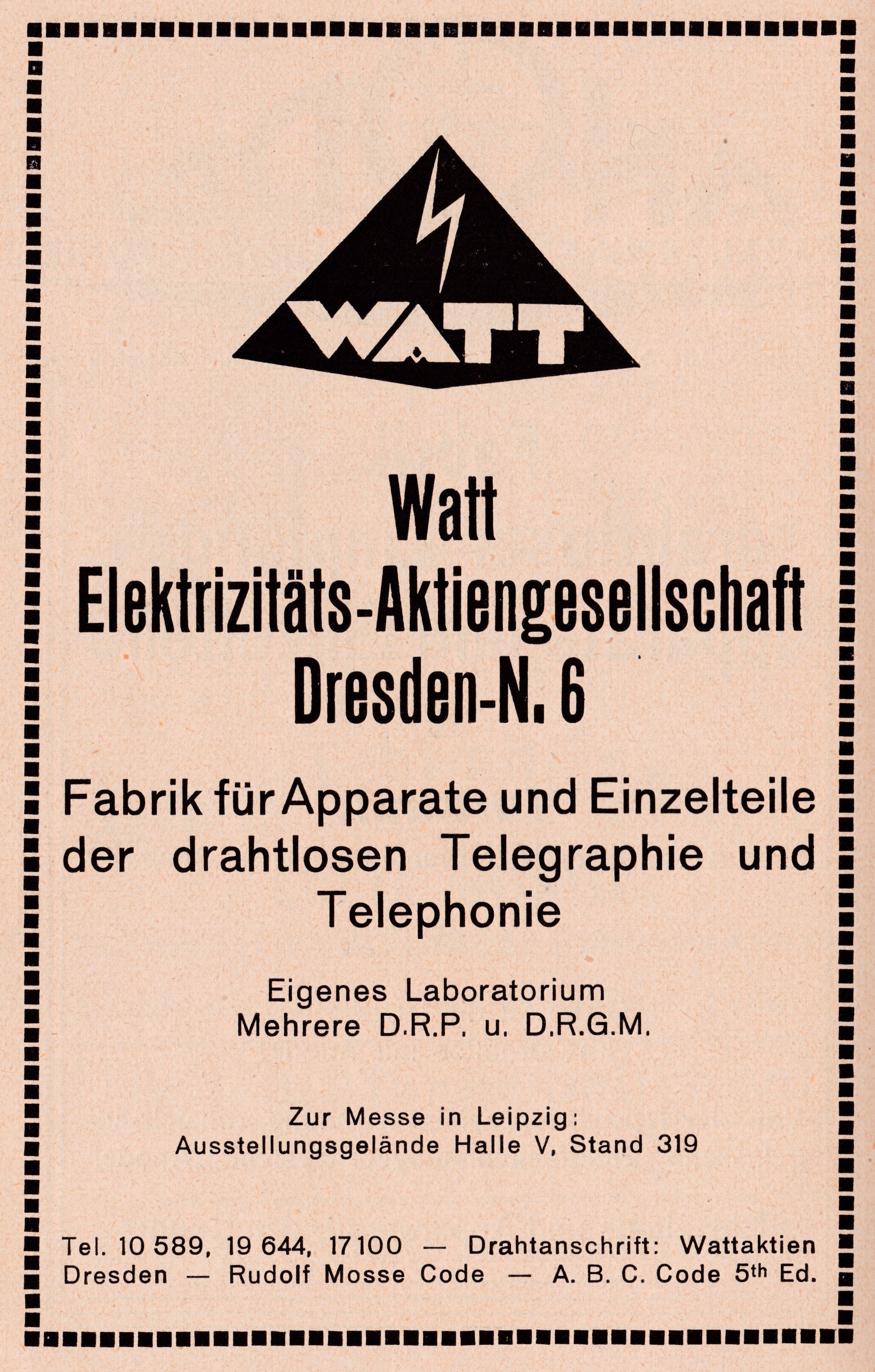 Werbung Watt Elektrizit&auml;ts-AG Dresden